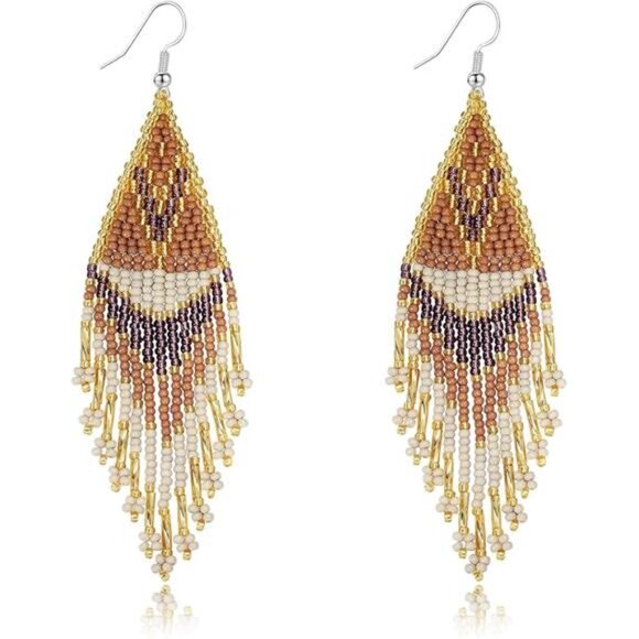 Handmade Boho Beaded Tassel Earrings | Long Seed Bead Fringe Dangles - Picture 3 of 3